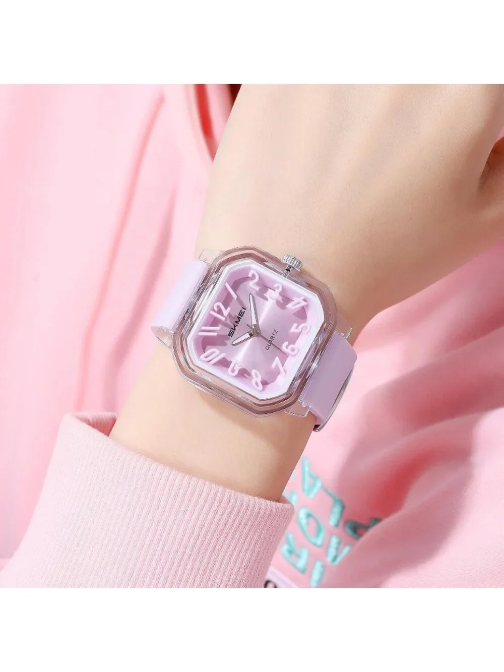 Women’s Purple Big Arabic Numbers Silicone Strap Casual Analog Square Wristwatch